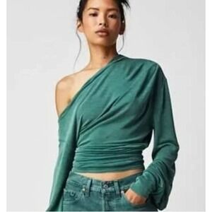 FREE PEOPLE All Day Tunic Off Shoulder Ruched Long Sleeve Top Green Modal Sz M